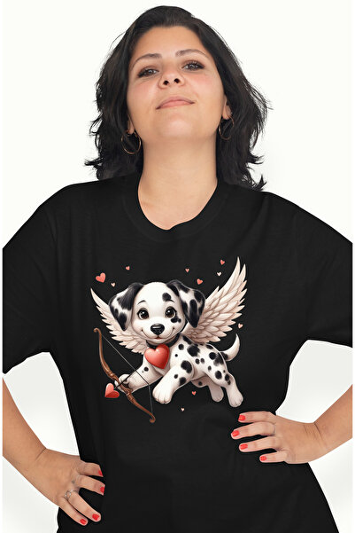 StoryGift Romania Tricou Femei cu un catelus Dalmatian care trage cu arcul, ilustratie, Cupidon, i BLK_M