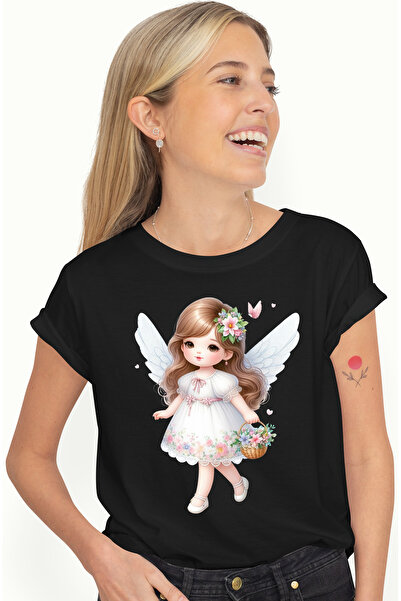 StoryGift Romania Tricou Femei cu o fetita cu aripi de ingeras, ilustratie, floricele, cosulet, ro BLK_XS