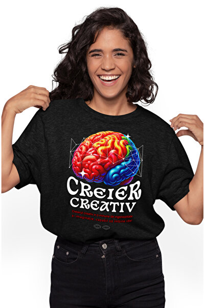 StoryGift Romania Tricou Femei Creier Creativ inteligenta geniu minte minune cu imprimeu pe Fata, BLK_S