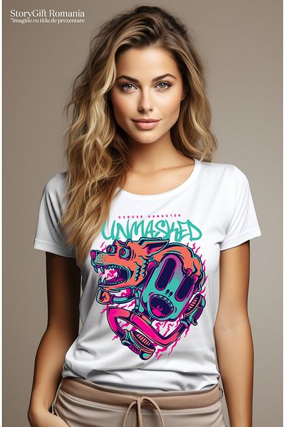 StoryGift Romania Women's T-Shirt With Orange Dog And Flaming Mask, Text In English Unmasked, WHT_XS