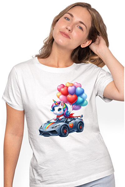 StoryGift Romania Tricou Femei cu un unicorn care conduce un Lamborghini, ilu...