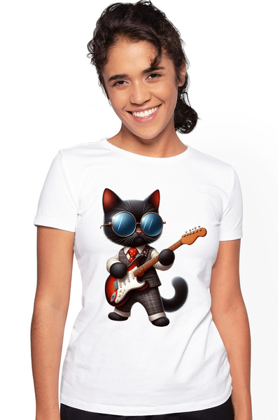 StoryGift Romania Tricou Femei cu o pisica neagra care canta la chitara, muzi...