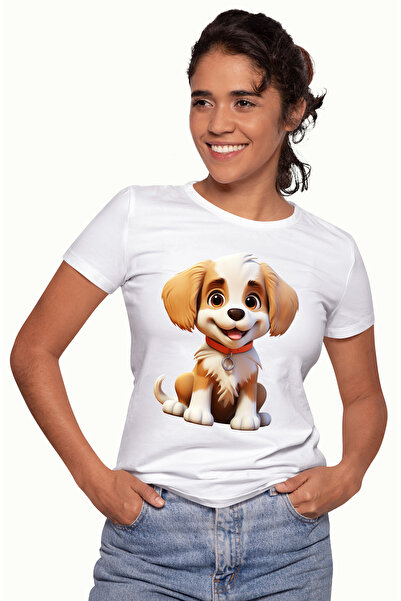 StoryGift Romania Tricou Femei cu un catel vesel, ilustratie, zgarda, portoca...