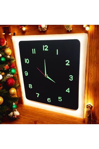 Bahat Phosphorescent 3D Relief Numeral Wooden Without Glass 30*30 cm Square Black Wall Clock