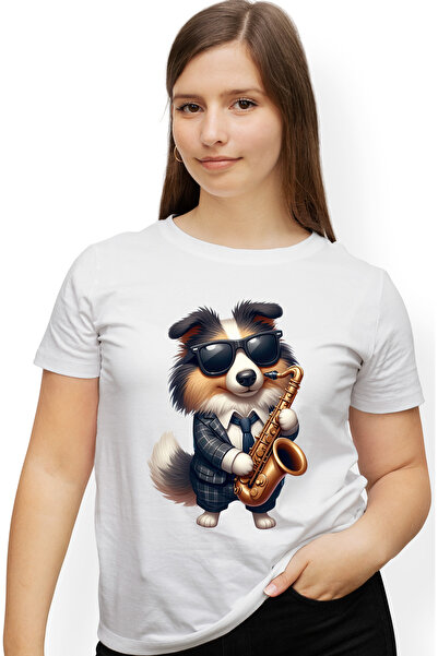 StoryGift Romania Tricou Femei cu un caine cu ochelari care tine un saxofon, ...