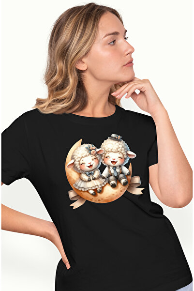 StoryGift Romania Tricou Femei cu 2 oite care stau pe semiluna, ilustratie, rad, se simt bine, pri BLK_L