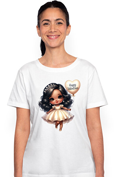 StoryGift Romania Tricou Femei cu o fetita cu rochita alba, ilustratie, balon in forma de inimioar WHT_L