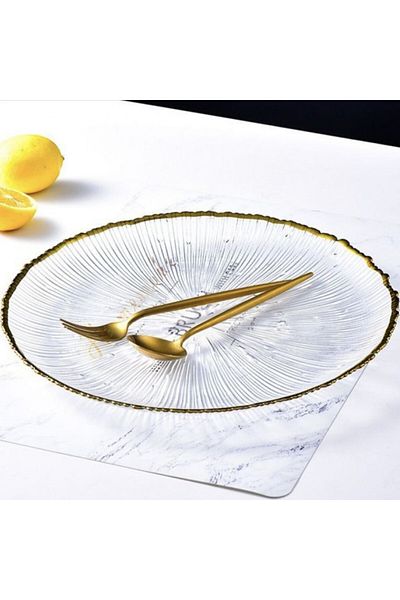 PUFO Farfurie mare elegantă din sticlă aurie pentru desert, aperitive, 33 cm