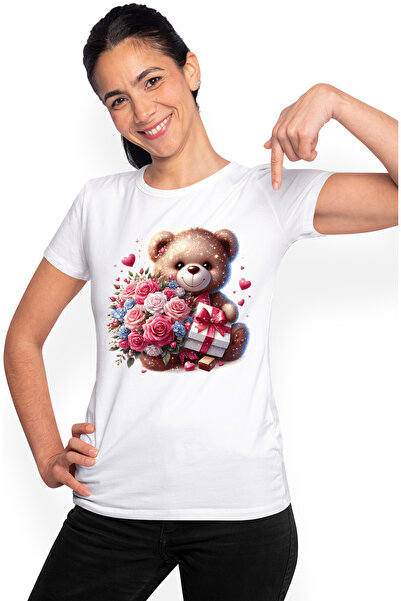StoryGift Romania Tricou Femei cu un ursulet care tine un buchet cu trandafir...