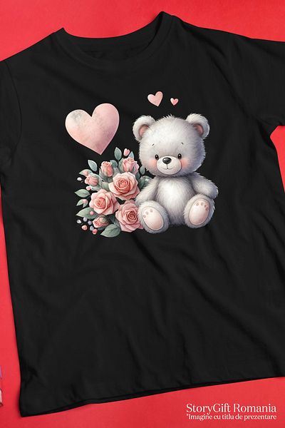 StoryGift Romania Tricou Femei cu un ursulet de plus, ilustratie, inima, funda, buchet cu flori, l BLK_XS