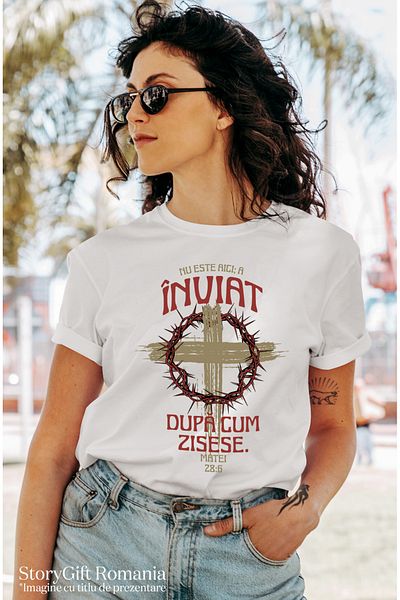 StoryGift Romania Tricou Femei cruce Iisus a inviat paste sarbatori familie cu imprimeu pe Fata, 1 WHT_M
