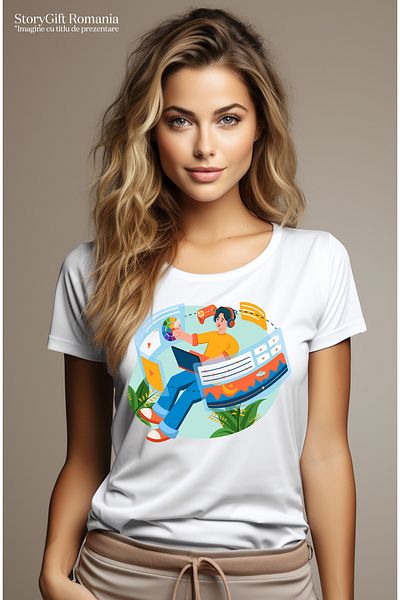 StoryGift Romania Women's T-Shirt With Headphones, Laptop, Screen, Plants, Controller, Games, Video Clips, WHT_S,STG30767