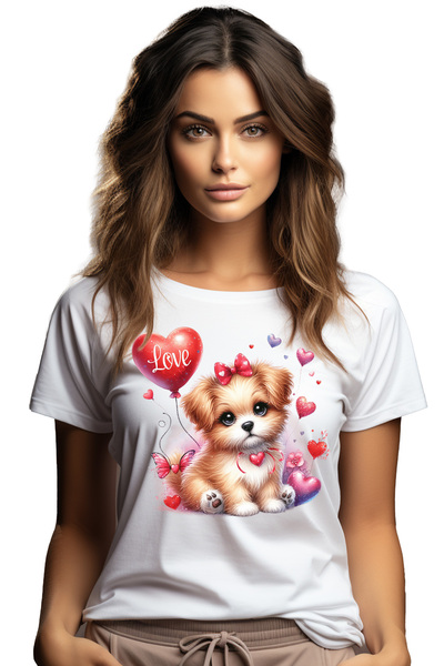 StoryGift Romania Tricou Femei cu o catelusa cu funda in cap si cu zgarda in ...