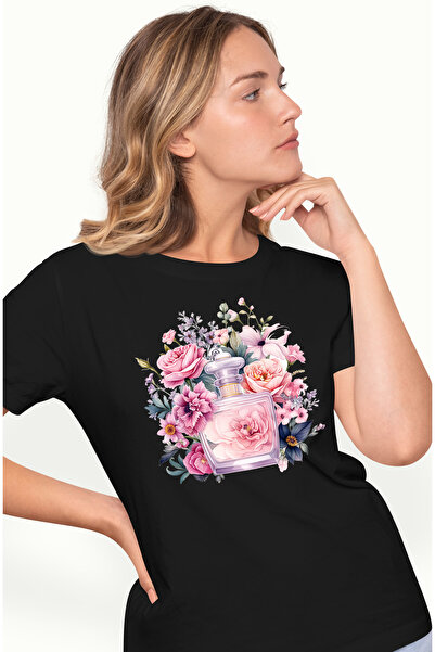 StoryGift Romania Tricou Femei cu sticluta cu parfum, trandafiri, ilustratie, plante, floare, miro BLK_XL