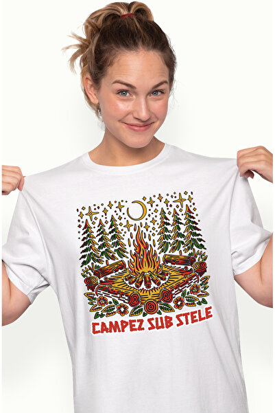 StoryGift Romania Tricou Femei campez sub stele foc de tabara in padure luna ...