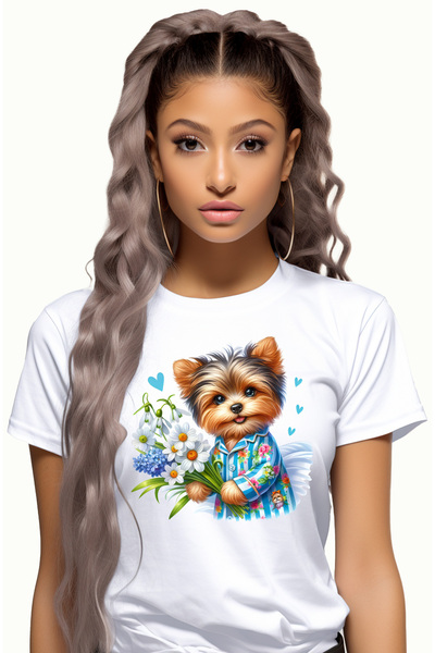 StoryGift Romania Tricou Femei cu un catel care tine un buchet cu flori, de t...