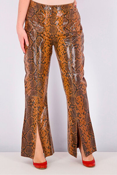 TopShop Women Snake Split Leather Pants, Brown and Black