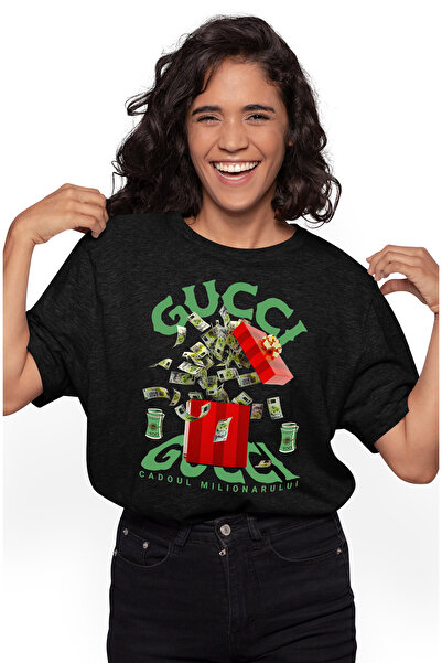 StoryGift Romania Tricou Femei Gucci - Cadoul Milionarului, cu imprimeu pe Fata, 100% Bumbac, Neg BLK_XL