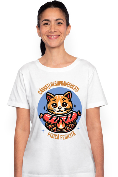 StoryGift Romania Tricou Femei Pisica fericita ce tine un carnacior, gratar c...