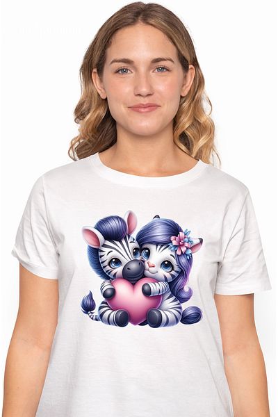 StoryGift Romania Women's T-shirt with 2 zebras hugging, illustration, holding a heart, relationship, WHT_S