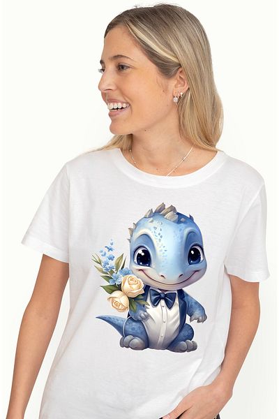 StoryGift Romania Tricou Femei cu un pui de dinozaur la camasa, ilustratie, fericit, flori, albast WHT_XL