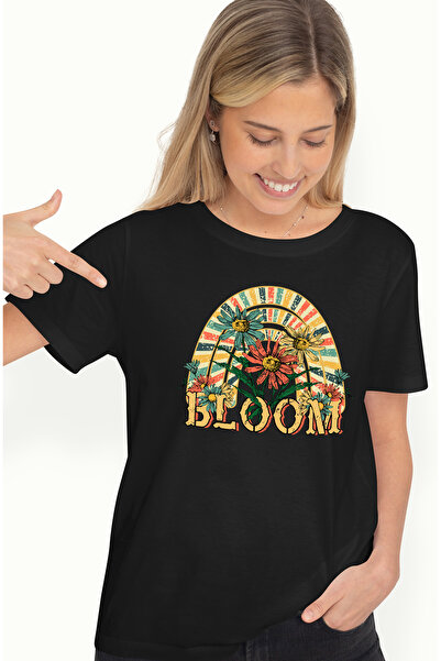 StoryGift Romania Tricou Femei cu mesajul "Bloom", ilustratie, plante, floare, usi, porti, galben, BLK_XS
