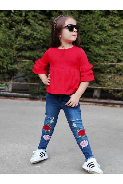 Burçak Butik Girl's Blouse and Flower Embroidered Denim Pants 2 Piece Set
