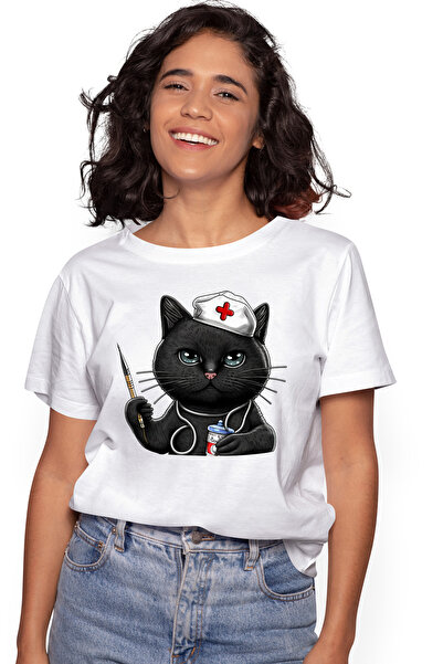 StoryGift Romania Tricou Femei cu o pisicuta neagra, ilustratie, doctorita, s...