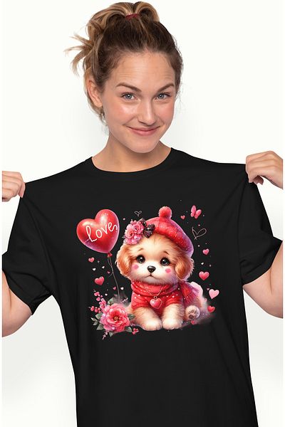 StoryGift Romania Tricou Femei cu o catelusa cu mesajul "Love" scris pe un balon in forma de inima BLK_L
