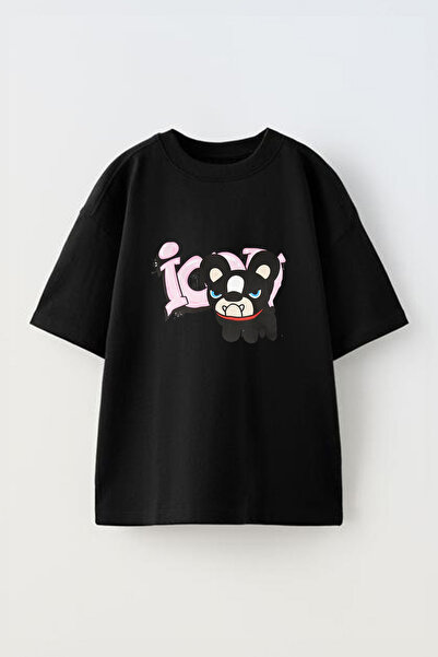 Anetos Cute Angry Dog Front cu imprimeu Cotton Black supradimensionat tricou