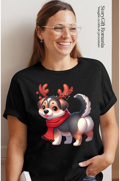 StoryGift Romania Tricou Femei cu un catel care are niste coarne de ren, ilustratie, fular, frig, BLK_XL