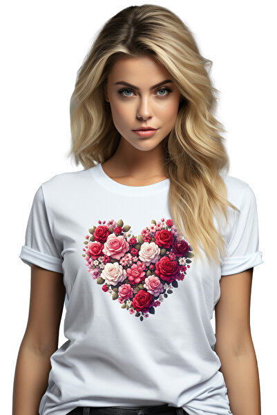 StoryGift Romania Tricou Femei cu o inima formata din multe floricele, ilustratie, trandafiri, ros WHT_S