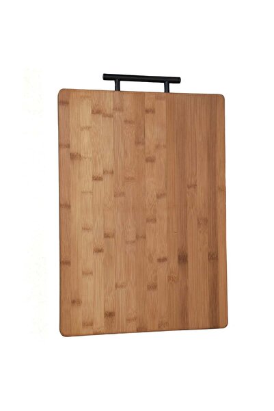 PUFO Premium thick kitchen chopping board made of bamboo wood with metal handle, brown, 45 x 32 cm