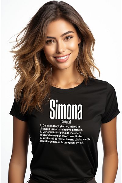 StoryGift Romania Tricou Femei Cu Numele Simona, si Mesaj Motivational, Glumeata, Carismatica, Int BLK_S