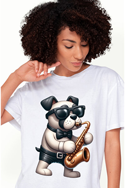 StoryGift Romania Tricou Femei cu un caine care canta la saxofon, ilustratie, ochelari, papion, in WHT_XS