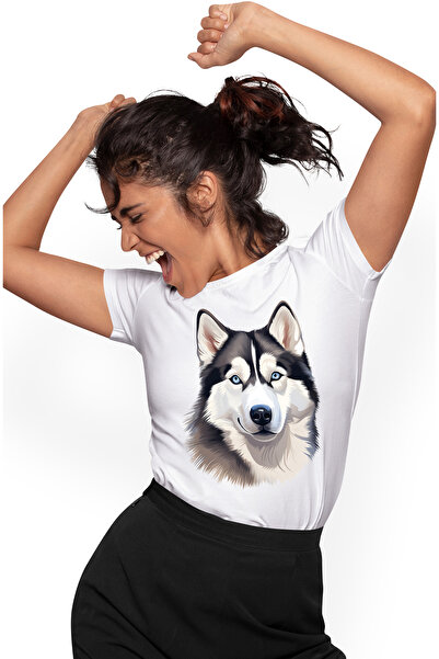 StoryGift Romania Tricou Femei cu un catel Husky, ilustratie, jucaus, curios,...