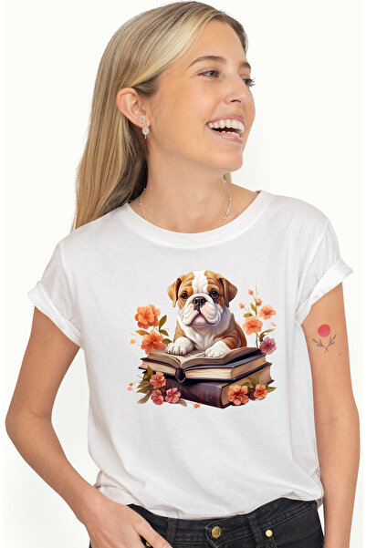 StoryGift Romania Tricou Femei cu un catel Bulldog care tine o carte deschisa...