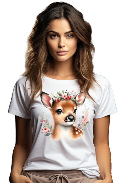 StoryGift Romania Tricou Femei cu o caprioara micuta, ilustratie, flori, plan...