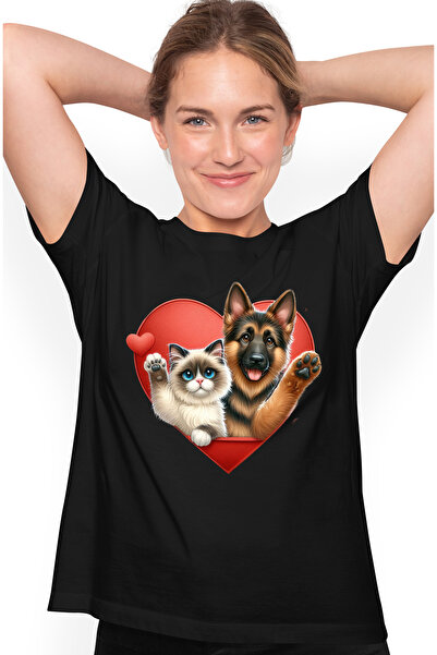 StoryGift Romania Tricou Femei cu o pisicuta Birmaneza si un catel lup, ilust...