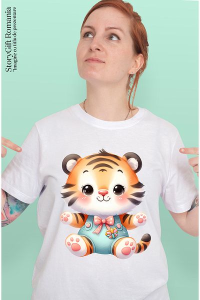 StoryGift Romania Women's T-shirt with a cheerful tiger cub, illustration, waiting to be picked up WHT_L