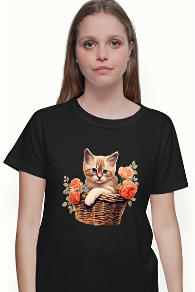 StoryGift Romania Tricou Femei cu o pisicuta care sta intr-un cosulet, ilustr...