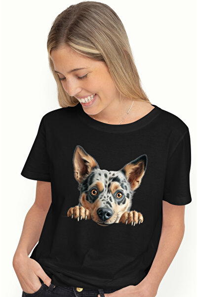 StoryGift Romania Tricou Femei cu un catel uimit, ilustratie, caine lup, ghea...