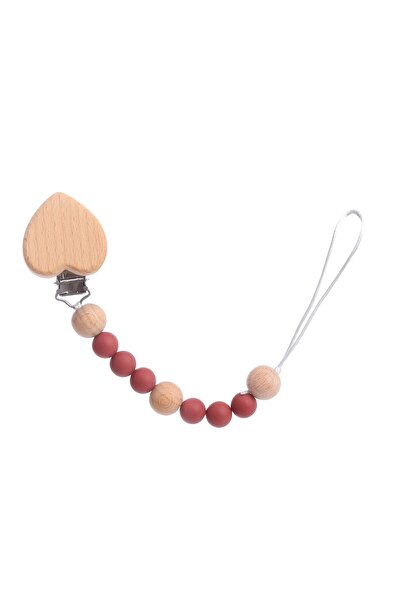 Factory Price - Heart Silicone & Wooden Pacifier Clip - Red
