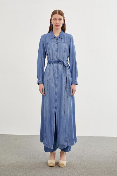 Zühre Denim Zipper Closure Blue Overcoat 13509