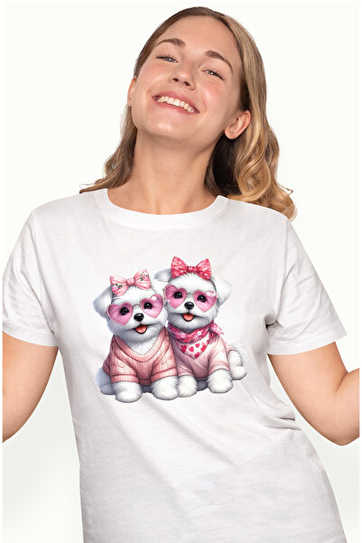 StoryGift Romania Tricou Femei cu 2 catelusi, ilustratie, ochelari in forma d...