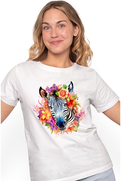 StoryGift Romania Women's T-shirt with a serious zebra, illustration, flowers of various colors, nature, a WHT_S
