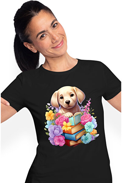 StoryGift Romania Tricou Femei cu un catel care are multe carti in fata, ilus...