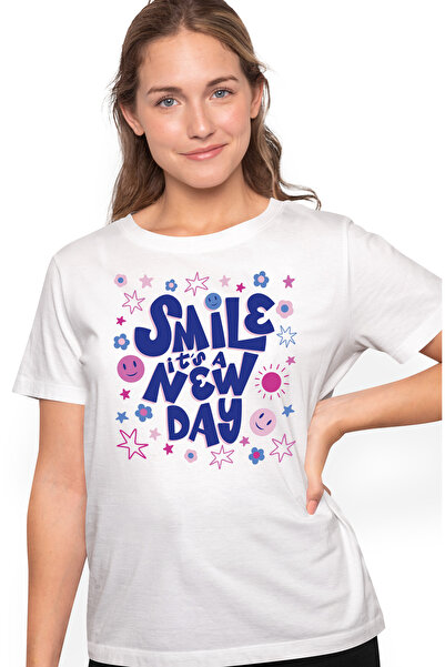 StoryGift Romania Tricou Femei Cu Text Motivational In Engleza Smile It's a New Day, Smiley Faces, WHT_M