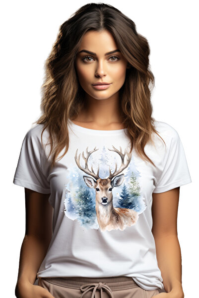 StoryGift Romania Tricou Femei cu un cerb in padure, ilustratie, ninge, brazi...