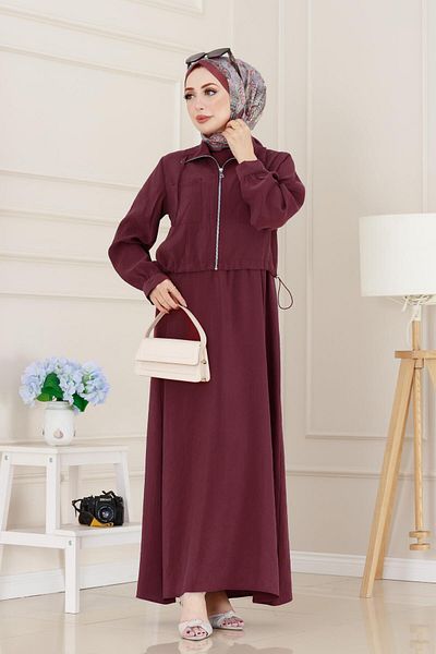 Sevitli Pocket Detailed Pocketed Ela Dress-Burgundy
